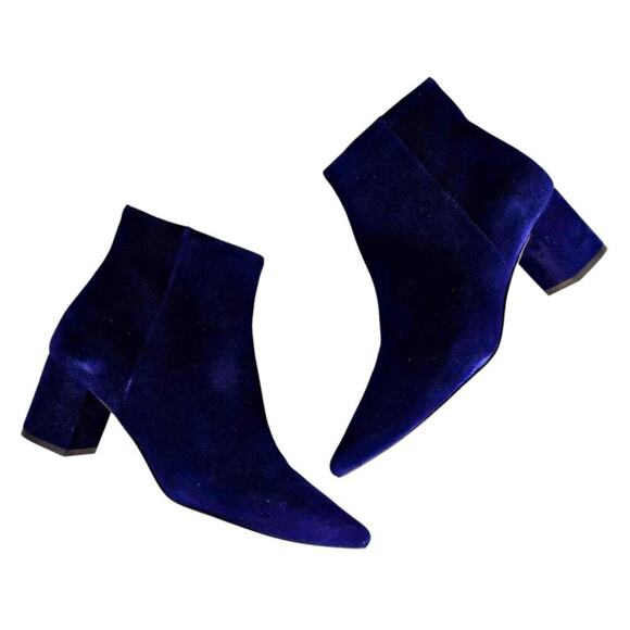 L’AGENCE Jeanne Blue Suede Pointy Toes Block Heel Booties $445 Size 38.5 - Picture 6 of 9